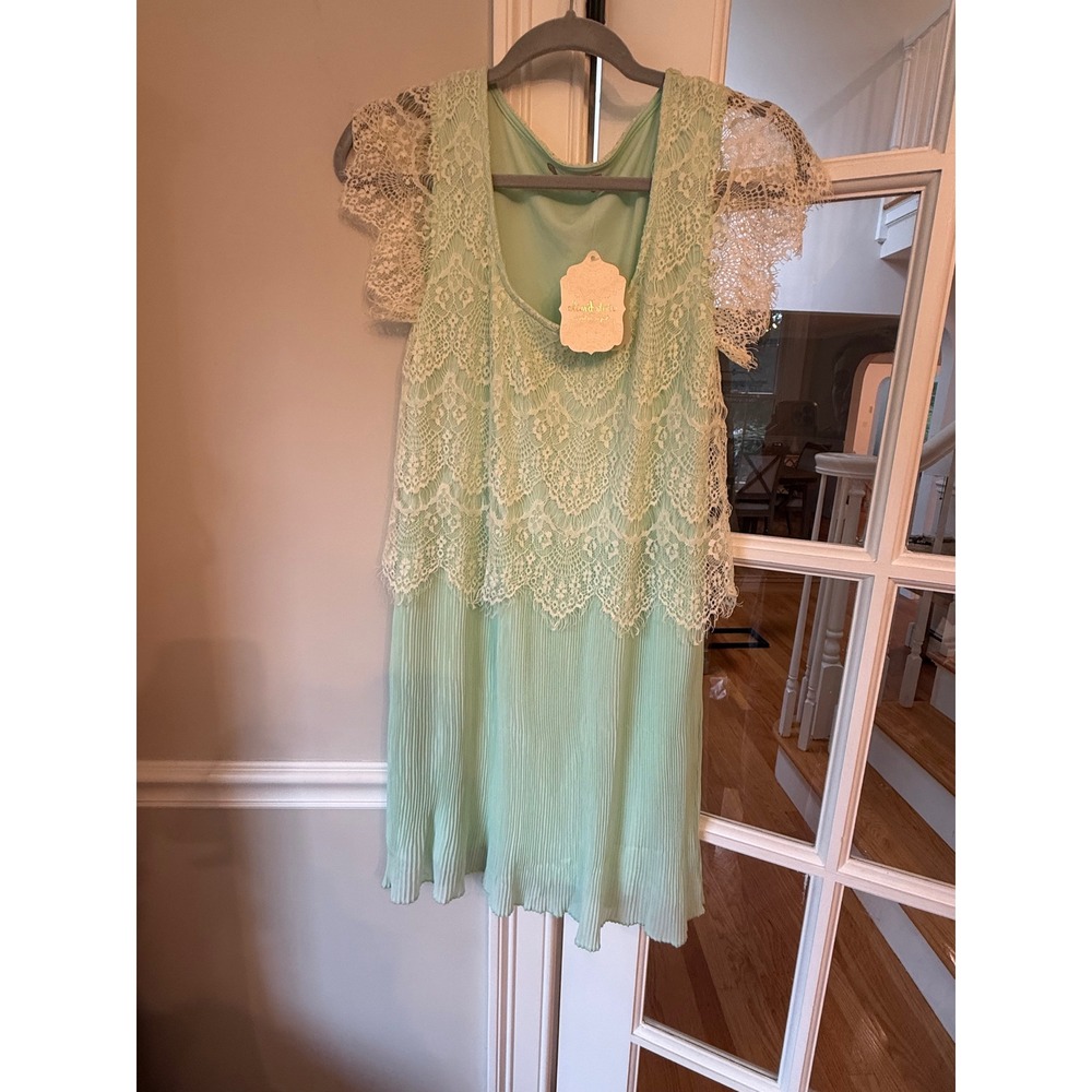 Altar'd State Mint Green Lace Pleated Mini Dress Small NWT Boho Flutter Sleeve
